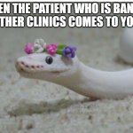 Snake Flower Venomous Cute | WHEN THE PATIENT WHO IS BANNED IN OTHER CLINICS COMES TO YOURS | image tagged in snake flower venomous cute | made w/ Imgflip meme maker