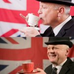 British man sipping tea 2-panel meme