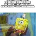 I own a bakery | WHEN YOU TURN A PILLOW TO THE OTHER SIDE BECAUSE THE SIDE YOU WERE SLEEPING ON WAS WARM, BUT THE SIDE YOU TURNED TO IS ALSO WARM. | image tagged in inside screaming spongebob | made w/ Imgflip meme maker