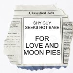 This is an ad in the personals columm | SHY GUY SEEKS HOT BABE; FOR LOVE AND MOON PIES | image tagged in classified ads,relationships,funny | made w/ Imgflip meme maker