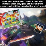 Requires 3 "C" Batteries ( ̶N̶o̶t̶ included lol) | Dads with their pocket knives at their kids' birthday when they get a gift that's hard to open and requires thicc batteries that aren't included: | image tagged in funny,byleth punches shez,fire emblem three houses,relateable | made w/ Imgflip meme maker