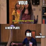 Pokemon: LA's Volo be like: | VOLO; A NEW PLATE; ME; "A SMOOTHIE" | image tagged in whatcha got there,volo,pokemon legends arceus,legends arceus,pokemon | made w/ Imgflip meme maker