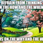 Incredible trees and pathway | REFRAIN FROM THINKING ON THE HOW AND THE WHEN... FOCUS ON THE WHY AND THE WHAT! | image tagged in incredible trees and pathway | made w/ Imgflip meme maker