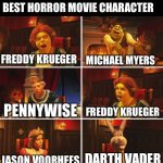 [insert title here] | BEST HORROR MOVIE CHARACTER; FREDDY KRUEGER; MICHAEL MYERS; PENNYWISE; FREDDY KRUEGER; DARTH VADER; JASON VOORHEES | image tagged in shrek fiona harold donkey,darth vader,horror,jason voorhees,freddy krueger,michael myers | made w/ Imgflip meme maker