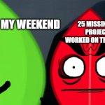 Evil kermit meme but leafy bfb | ME ENJOYING MY WEEKEND; 25 MISSING ASSIGNMENTS, PROJECT YOU HAVEN'T WORKED ON THAT'S DUE TOMORROW | image tagged in evil kermit meme but leafy bfb | made w/ Imgflip meme maker