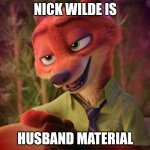 Foxy Husband | NICK WILDE IS; HUSBAND MATERIAL | image tagged in charming nick wilde,zootopia,nick wilde,husband,funny,memes | made w/ Imgflip meme maker