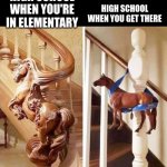 school be like | HIGH SCHOOL WHEN YOU'RE IN ELEMENTARY; HIGH SCHOOL WHEN YOU GET THERE | image tagged in bhfjcek sn | made w/ Imgflip meme maker