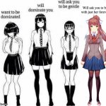 Just Monika~ | Will ask you to be with just her forever | image tagged in want to be dominated,monika,just monika,ddlc,doki doki literature club,anime | made w/ Imgflip meme maker