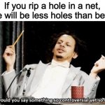 Why would you say something so controversial yet so brave? | If you rip a hole in a net, there will be less holes than before. | image tagged in why would you say something so controversial yet so brave,technically the truth,unfunny | made w/ Imgflip meme maker