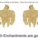 Both bow enchantments are good. | People who put Infinity on their Bows; People who put Mending on their Bows; Both Enchantments are good. | image tagged in buff doge vs buff doge,minecraft | made w/ Imgflip meme maker