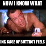 Die Hard | NOW I KNOW WHAT; HAVING CASE OF BUTTROT FEELS LIKE | image tagged in die hard | made w/ Imgflip meme maker