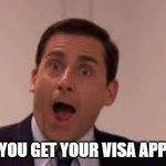 Michael Scott Surprised Face | WHEN YOU GET YOUR VISA APPROVED | image tagged in michael scott surprised face | made w/ Imgflip meme maker