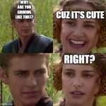 anikin padme | WHY ARE YOU GRINING LIKE THAT? CUZ IT'S CUTE RIGHT? | image tagged in anikin padme | made w/ Imgflip meme maker