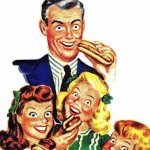 Happily noshing on processed meat tube sandwiches | “People were happier back in the day.”; People back in the day: | image tagged in vintage hot dog ad,happily,noshing on,processed,meat tube,sandwiches | made w/ Imgflip meme maker