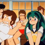 Lum is confused, while Ataru is explaining something.