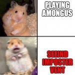 scared hamster | PLAYING AMONGUS; SEEIND IMPOSTER VENT | image tagged in scared hamster | made w/ Imgflip meme maker