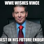 WWE Wishes Vince the best in his future endeavors | WWE WISHES VINCE; THE BEST IN HIS FUTURE ENDEAVORS | image tagged in vince mcmahon,funny,wwe,fired,memes,ceo | made w/ Imgflip meme maker