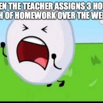 could totally feel that emotion through everything... | WHEN THE TEACHER ASSIGNS 3 HOURS WORTH OF HOMEWORK OVER THE WEEKEND: | image tagged in bfdi snowball nooooo,bfdi,homework | made w/ Imgflip meme maker