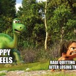 A Rage Quitting Gamer Meme | HAPPY WHEELS; RAGE QUITTING GAMER AFTER LOSING THE GAME | image tagged in kid defends dino | made w/ Imgflip meme maker