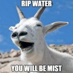 Joke | RIP WATER; YOU WILL BE MIST | image tagged in memes,laughing goat | made w/ Imgflip meme maker