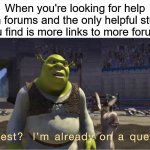 Relatable isn't it | When you're looking for help on forums and the only helpful stuff you find is more links to more forums | image tagged in quest i'm already on a quest | made w/ Imgflip meme maker