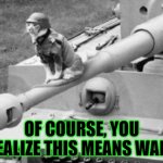 War Kitty | OF COURSE, YOU REALIZE THIS MEANS WAR! | image tagged in war kitty,cat,war machine,kitty cat,meow,army | made w/ Imgflip meme maker