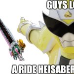 Haruka finds a Ride Heisaber | GUYS LOOK; A RIDE HEISABER | image tagged in donbrothers oni sister pointing,kamen rider | made w/ Imgflip meme maker
