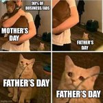 Also happy Father’s Day | 90% OF BUSINESS/ADS MOTHER’S DAY FATHER’S DAY FATHER’S DAY FATHER’S DAY | image tagged in sad cat holding dog,fathers day,memes | made w/ Imgflip meme maker