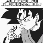 No but seriously does anyone know | MY FRIEND: WHAT DOES THE INSIDE OF OUR NOSES SMELL LIKE? ME: | image tagged in goku black confused | made w/ Imgflip meme maker