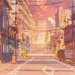 Anime city at sunset background
