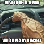 Come on guys, its easy to see when you live alone and have no GF. | HOW TO SPOT A MAN; WHO LIVES BY HIMSELF | image tagged in muscle arm driver,alone,dad joke | made w/ Imgflip meme maker