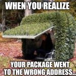 hiding in a bush | WHEN YOU REALIZE; YOUR PACKAGE WENT TO THE WRONG ADDRESS... | image tagged in hiding in a bush | made w/ Imgflip meme maker