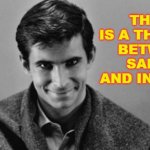 There is a thin line between sanity and insanity | THERE IS A THIN LINE
BETWEEN SANITY
AND INSANITY | image tagged in norman bates | made w/ Imgflip meme maker