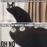 dont act like you haven't done it | POV IT 3 IN THE MORNING AND ITS PITCH BLACK, AND YOU STEP ON YOUR BLACK CAT; THEN YOU SEE MULTIPLE GLOWING EYES APPEAR | image tagged in oh no cat meme | made w/ Imgflip meme maker