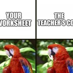 New meme template :) | YOUR WORKSHEET; THE TEACHER'S COPY | image tagged in squished parrot,parrot,bird,teacher's copy,teacher,school | made w/ Imgflip meme maker