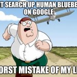 Peter Griffin running away from a plane | DONT SEARCH UP HUMAN BLUEBERRY
ON GOOGLE; WORST MISTAKE OF MY LIFE | image tagged in peter griffin running away from a plane | made w/ Imgflip meme maker