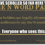 N word pass | YOU HAVE SCROLLED SO FAR HERE YOU GO; Everyone who sees this | image tagged in n word pass | made w/ Imgflip meme maker