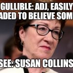 Gullible Sue | GULLIBLE: ADJ, EASILY PERSUADED TO BELIEVE SOMETHING; SEE: SUSAN COLLINS | image tagged in susan collins,abortion,roe v wade,scotus | made w/ Imgflip meme maker