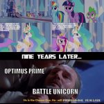 Battle Unicorn found it | NINE YEARS LATER... OPTIMUS PRIME; BATTLE UNICORN; PROTECT THE RENEGADE | image tagged in sunset shimmer is twilight sparkle's mother star wars theme,transformers,equestria girls,my little pony,optimus prime | made w/ Imgflip meme maker