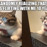 Angry glass cat | ME RANDOMLY REALIZING THAT HOT GIRL WAS FLIRTING WITH ME 10 YEARS AGO | image tagged in angry glass cat,flirt | made w/ Imgflip meme maker