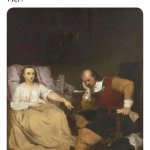 Renaissance painting man loses hat woman