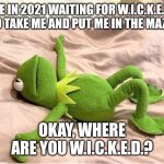Me waiting for W.I.C.K.E.D. to take me Maze runner | ME IN 2021 WAITING FOR W.I.C.K.E.D. TO TAKE ME AND PUT ME IN THE MAZE:; OKAY, WHERE ARE YOU W.I.C.K.E.D.? | image tagged in kermit laying down,maze runner,2021,covid-19,relatable memes,funny memes | made w/ Imgflip meme maker