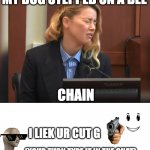 My dog stepped on a bee chain | MY DOG STEPPED ON A BEE CHAIN I LIEK UR CUT G (YOUR TURN TYPE IT IN THE CHAT) | image tagged in amber heard dog stepped on a bee | made w/ Imgflip meme maker