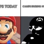 Uh oh | CAMPS TODAY CAMPS DURING 1933-1945 | image tagged in happy mario vs dark mario | made w/ Imgflip meme maker