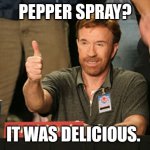 Chuck Norris Approves | PEPPER SPRAY? IT WAS DELICIOUS. | image tagged in memes,chuck norris approves,chuck norris | made w/ Imgflip meme maker
