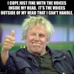 Voices | I COPE JUST FINE WITH THE VOICES INSIDE MY HEAD.  IT’S THE VOICES OUTSIDE OF MY HEAD THAT I CAN’T HANDLE. | image tagged in gary busey approves | made w/ Imgflip meme maker