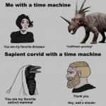 Sapient Corvid with a time machine meme