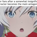 Surprised Weiss | Rider fans after a somewhat insignificant character becomes the main antagonist: | image tagged in surprised weiss | made w/ Imgflip meme maker