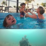 kids and mom in swimming pool + skeleton