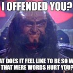 gowron offended you | I OFFENDED YOU? WHAT DOES IT FEEL LIKE TO BE SO WEAK
 THAT MERE WORDS HURT YOU? | image tagged in gowron is pleased enhanced,offended,mere words,viking | made w/ Imgflip meme maker